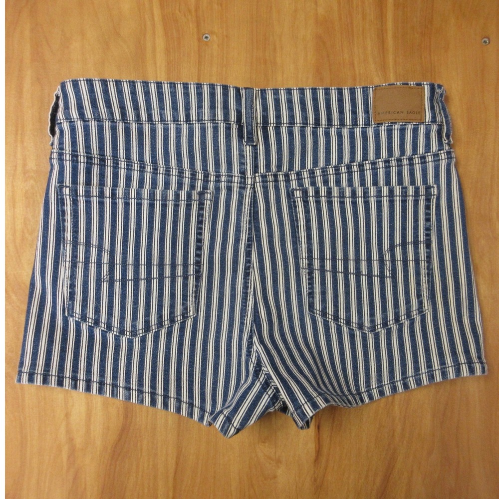 AMERICAN EAGLE Hi-Rise Shortie Striped Jean Shorts Sz 10‎ Blue White Denim Jorts